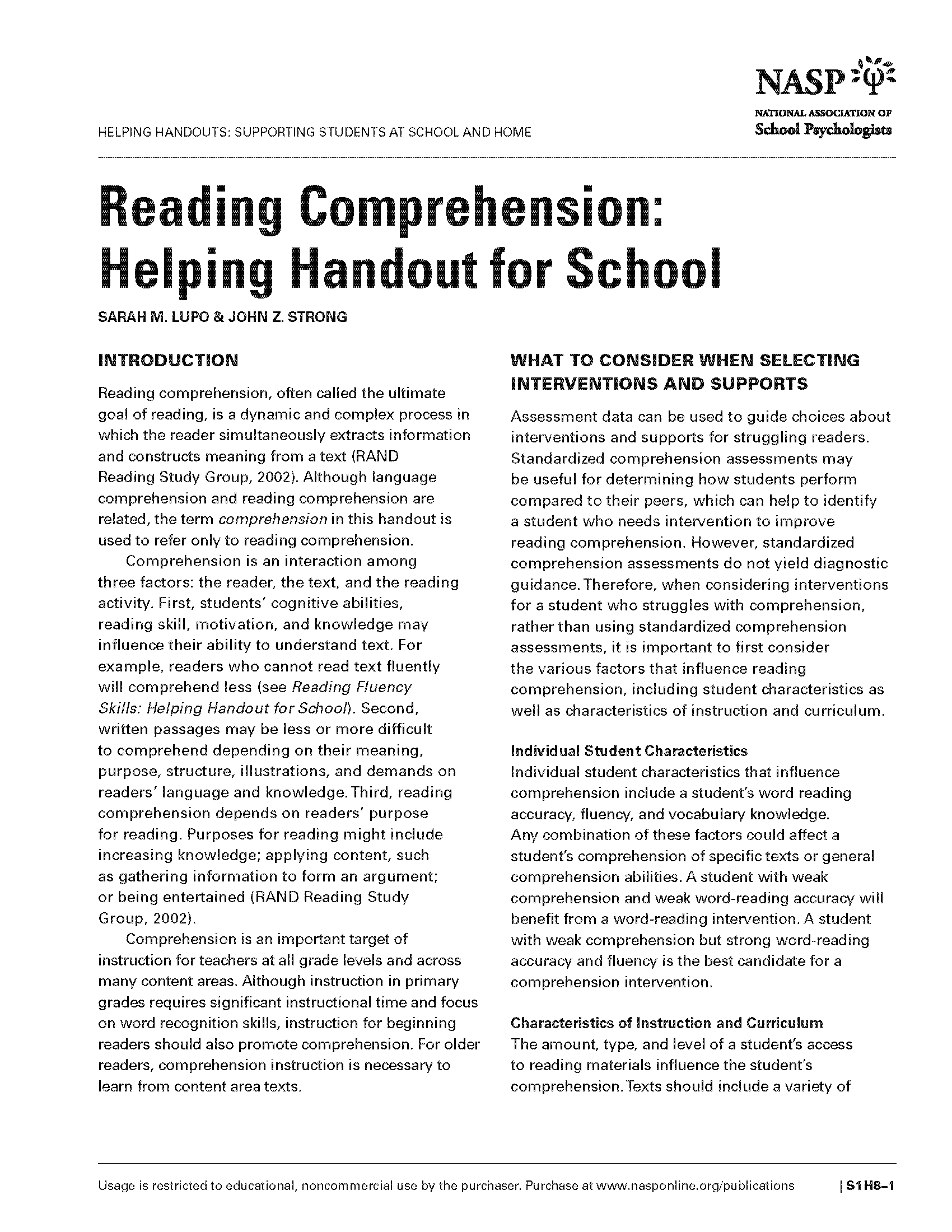 Reading Comprehension: Helping Handout for School